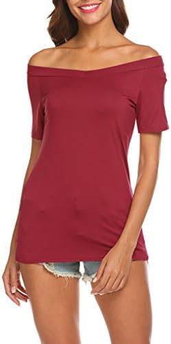Miselon Women's Sexy Off Shoulder V Neck Blouse Short Sleeve T-Shirt Fitted Casual Tops