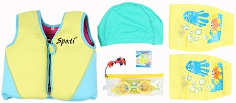 Genwiss Child Yellow Life Jacket child life Vest Kayaking Boat Racing For 5-7 Years(Weight:38-55lbs) Size Large and Swimming Goggles and Swming Nose and Swimming cap and Swimming Arms