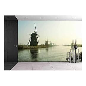 Traditional Dutch Windmills at Dawn in Kinderdijk, Netherlands - Removable Wall Mural | Self-Adhesive Large Wallpaper - 66x96 inches