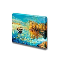 Canvas Prints Wall Art - Original Oil Painting of Boats, Lake and Fern(Rush) on Canvas.Sunset Over Ocean - 12" x 18"