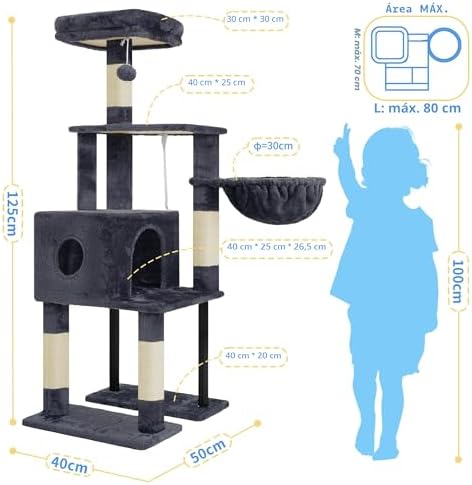 Rascador para Gatos, Árbol para Gatos De 125 Cm, Torre De Gato Espaciosa Y Cómoda con Guarida, Dos Grandes Plataformas, Cesta, Robustos Tubos De Acero, Gris Ahumado HCT200SG-