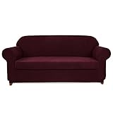 subrtex 2-Piece Jacquard High Stretch Slipcover, Furniture Protector for Conventional Settee Spandex Washable Common Armchair Cushion Couch Sofa Cover Coat (Medium, Wine)