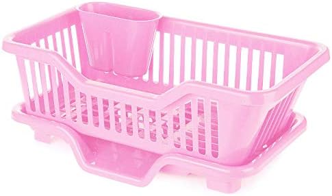 Masterstor Plastic Kitchen Sink Dish Drainer Rack Basket | Multi-Function Utensil Holder Organizer Stand with Draining Tray | 44.5 x 24 x 18 cm (Pink)