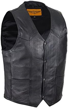 Mens Plain Black Leather Motorcycle Vest With Gun Pocket Solid Back (42)