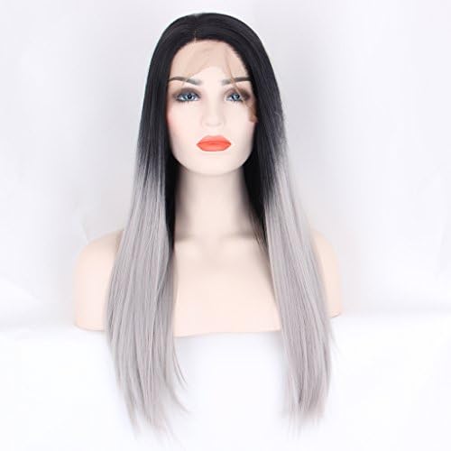 Arimika 20inch Straight Layered Ombre Silver Grey Heat Safe Synthetic Hair Lace Front Wigs Decent Parting Space Medium Brown Lace 6-8inch Black Roots