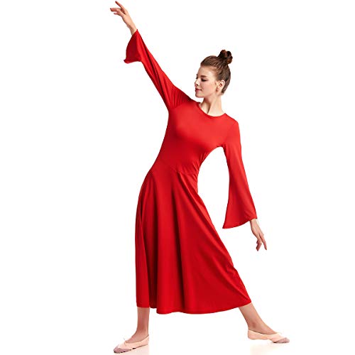 HIHCBF Adult Women Bell Sleeve Liturgical Praise Dress Solid Color Full Length Wide Swing Loose Fit Worship Dancewear Red XL - Thumbnail 4