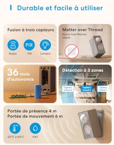 Détecteur de présence Matter Over Thread, détection 3 Zones