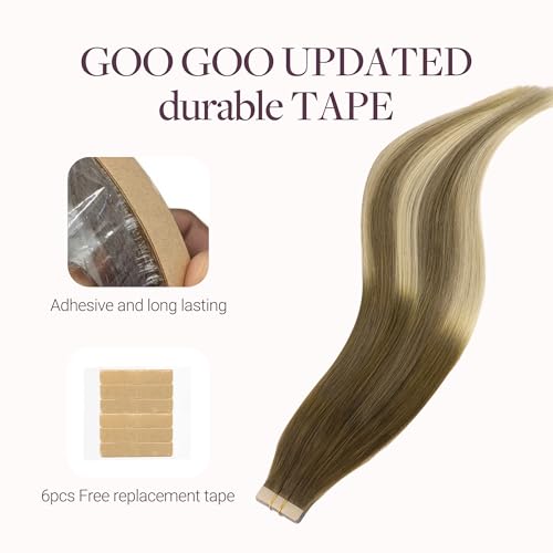 GOO GOO Adhesive Hair Extensions Natural Hair, 50 cm 20pcs 50 g Walnut Brown to Ash Brown and Whitish Blonde Hair Extensions, Remy Hair Extensions Natural Real Human Hair