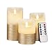 FLAMELESS Candles Battery Operated LED Flickering Flame with Remote & Timer | Amazing Realistic Dancing Flame | Real Wax Gold Trim | Set of 3 (Size 4”5”6”) | Beautiful Gift Idea for Women and Men