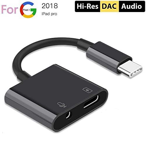 USB C/Type C 2 in 1 to 3.5mm Jack Audio Headphones Aux Adapter Charger Splitter Compatible for Google Pixel 2 /2XL /3 /3XL, Samsung Note8 /S8 /S9 Plus, HTC U11 U12, LG iPad Pro 2018 etc – Black