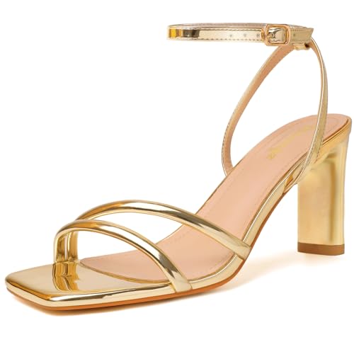 RIBONGZ Womens Gold Strappy Heels Square Open Toe High Heels for Women Ankle Strap Chunky Heeled Sandals Wedding Bridal Shoes Comfort Block High Heels Dress Party Shoes 8.5 at Amazon