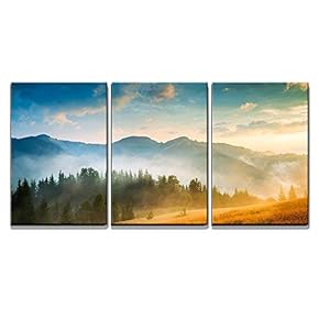 Amazing Mountain Landscape with Fog and a Haystack x3 Panels