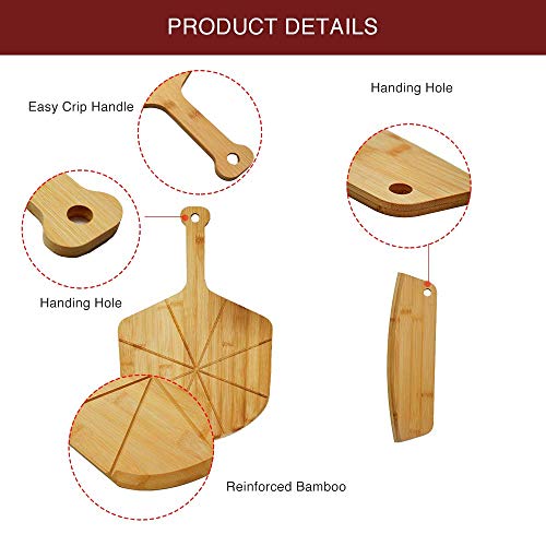 AXSCOK Premium Pizza Peel and Cutter Set, 12 Inch Bamboo Pizza Paddle Cutting Board Builtin