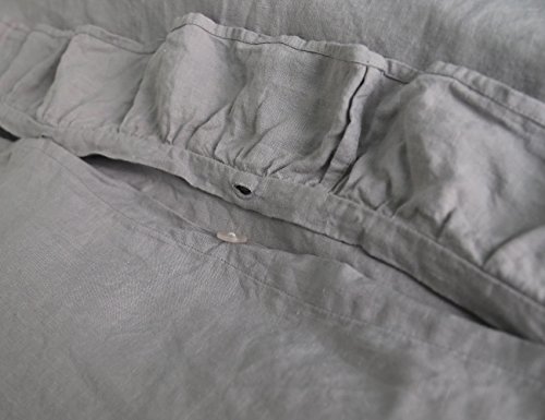 meadow park Stone Washed French Linen Duvet Cover Set 3 Pieces - Super Soft, King Size - 104 inches x 94 inches - Shams 20 inches x 36 inches, Ruffled Style - Button Closure - Corner Ties, Grey Color