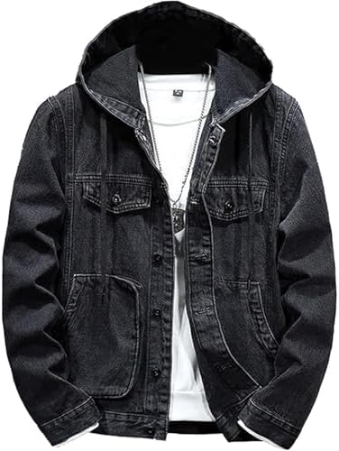DGKaxiyaHM Men's Windproof Hooded Denim Jacket Classic Distressed