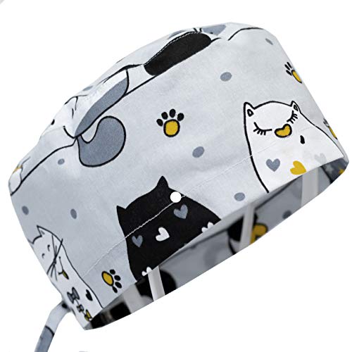 Doctor Nurse Scrub Cap Surgical Hat Unisex Animal Print Medical Uniform (OS, Funny Cats Gray)