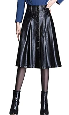 chouyatou Women's Elegant High Waist Button Front A-Line Midi Faux Leather Skirt