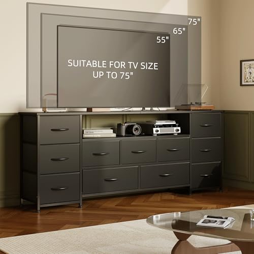 Vermess 63" W Dresser for Bedroom with Charging Station 11 Drawer Dressers & Chests of Drawers Dresser TV Stand for Bedroom for 65 70 75 Inch TV, Metal Frame & Fabric Drawers, Black
