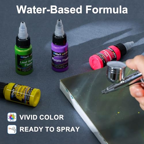 HOMY ARTY Airbrush Paint - 42 Colours with 6 Thinners and Cleaner 500ml with Brushes, Airbrush Ready Acrylic Paint for Metal, Plastic, Canvas, Wood, 20 ml/Bottle