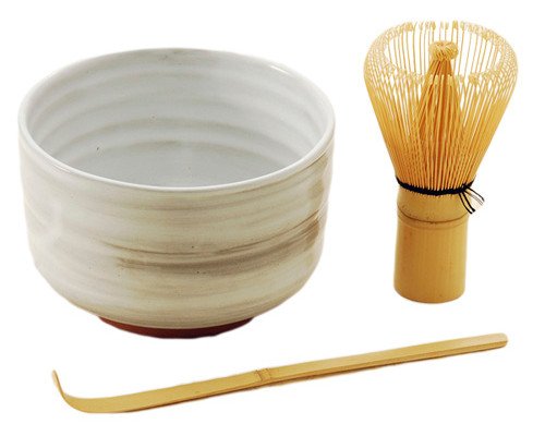 Japanese Traditional Green Tea Bamboo Matcha Whisk Scoop and Bowl 3 Piece Gift Set Starter Kit (White Bowl)
