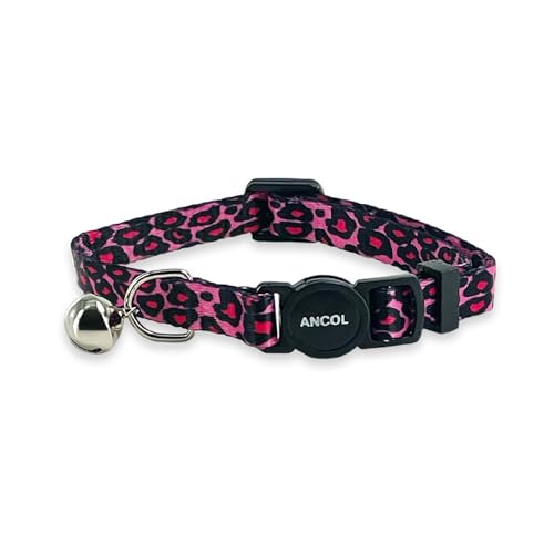 Ancol Adjustable Cat Collar with Safety Bell and Break Apart Buckle Pink Leopard Print Pattern