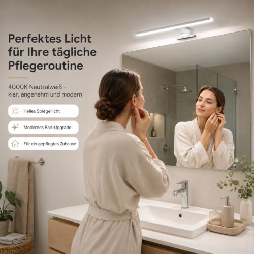 Aogled LED Bathroom Mirror Light 30 cm 5 W 500 LM 230 V Neutral White 4000 K, Stainless Steel Slim Light Bathroom Mirror, Mounting Plate on Mirror/Cabinet/Wall Lighting 300 mm