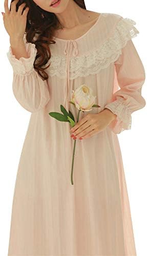 Women's Vintage Long Sleeve Cotton Sleepwear Lace Trim Victorian Nightgown Dress