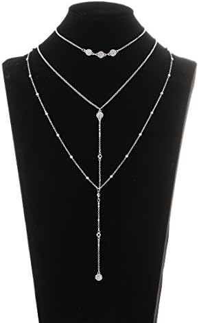 Lariatneck Multi Layered Necklace Lariat Choker Long Drop Layer Necklace Set for Women Crystal Disc Silver