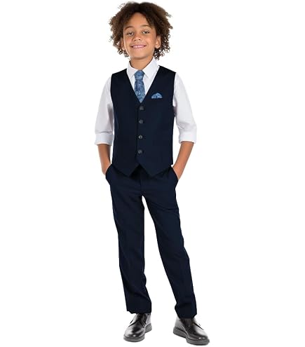 S.H. Churchill & Co. Boys Light Blue 5 Piece Vest Set with White Dress Shirt - Includes Bow Tie, Long Tie, Pocket Hanky