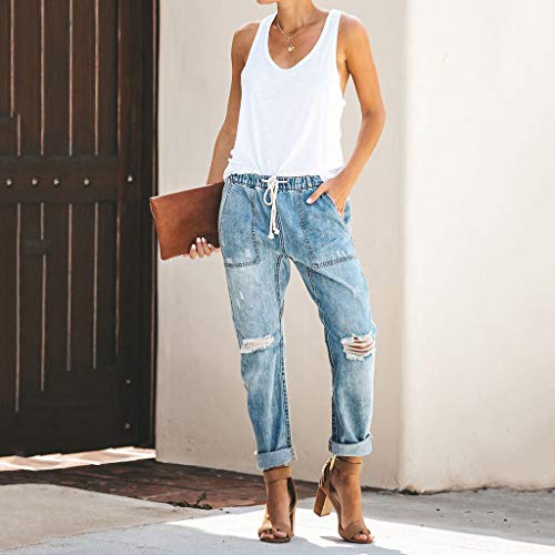 gugs Women Pull-on Distressed Denim Joggers Elastic Waist Stretch Pants Paper Bag Waist Pants High Waist Long Pencil Pants (S, Light Blue)