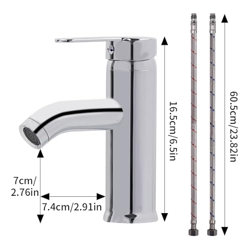 FALSKT Stainless Steel Basin Tap, Curved Spout Bathroom Tap, Single Lever Basin Mixer Tap with Stick Shaped Handles, for Bathrooms, Kitchens, Toilets, Silver