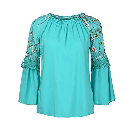 Sunhusing Women Round Neck Flower Embroidered Bell Sleeve Lace Long Sleeve Top Blouse