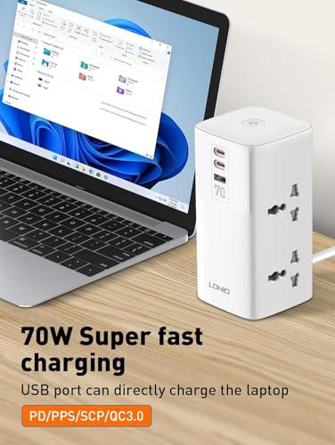 1 year warranty - LDNIO 70W Extension Cord Power Strip for Home & Office, 7-in-1 Charging Station with USB & 2 Type-C Ports, 4 Universal Outlets – Includes