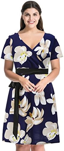 MYFEEL Plus Size Floral Tie Waist V neckline Short Sleeve Occassion Dress(4X Blue)