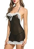 Sweetnight Women Sexy Lingerie Halter Backless Lace Trim Slim Babydoll with G-String 2 Piece Set Sleepwear