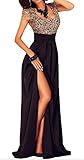 ABERRY Women Gold Sexy Lace Overlay Slit Maxi Evening Party Prom Dress Gown