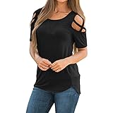 ASOBIMONO Women's Strappy Cold Shoulder Casual Summer O-Neck T-Shirt Short Sleeve Basic Tee Blouse Solid Tunic Loose Tops (Black, M)