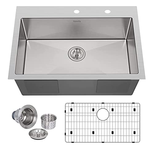 Hykolity 33inch Drop In Kitchen Sink, Single Bowl 2Hole Stainless