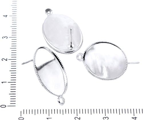 4pcs Silver Plated Stud Earring Blank Flat Oval Cabochon Cameo Tray Setting Posts With Loops Metal Findings 18mm x 13mm