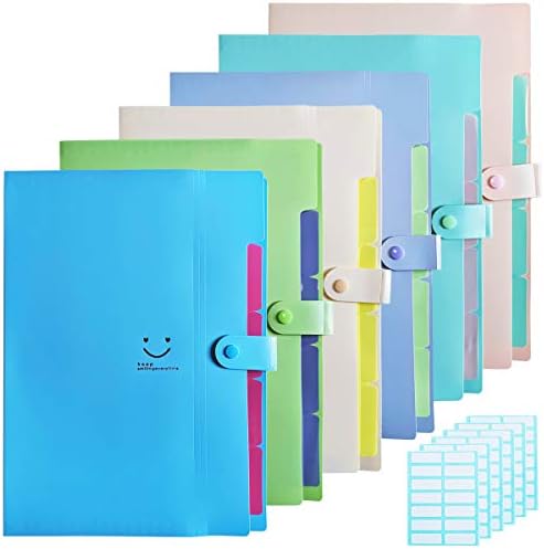 6 Pack Expanding File Folders with 5 Pockets, A4 Letter Size, with 84 Pcs Labels, for School and Office