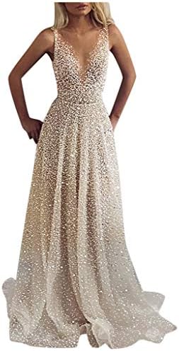 Rifuli Womens Maxi Dress Elegant Solid Color Sparkling Sequin Mesh Sleeveless Dress V-Neck Party Dress