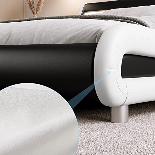 Deluxe Faux Leather Upholstered Platform Bed Frame with LED Headboard