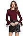 SheIn Women's Round Neck Ruffle Long Sleeve Blouse (Large, Burgundy)