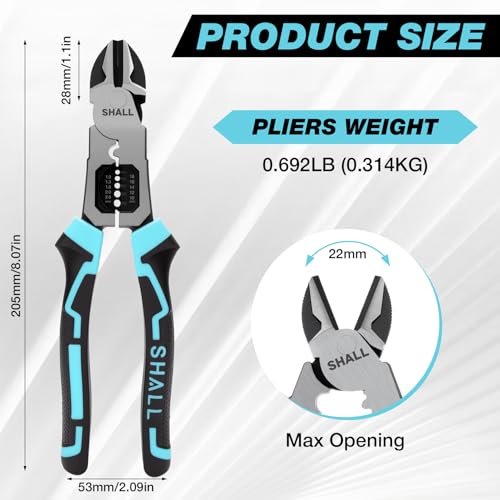 SHALL 3 in 1 Diagonal Cutting Pliers with Wire Stripper, 8 Inch Heavy Duty Chrome Vanadium Cable Cutters for Electricians to Cut, Crimp and Strip.