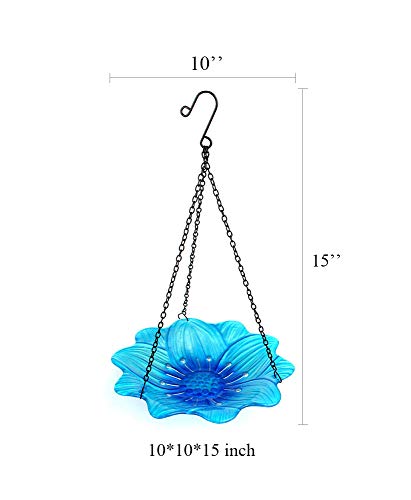 Liffy Hanging Bird Bath Blue Flower Glass Bowl Feeder for Garden, Yard and Patio - Thumbnail 5