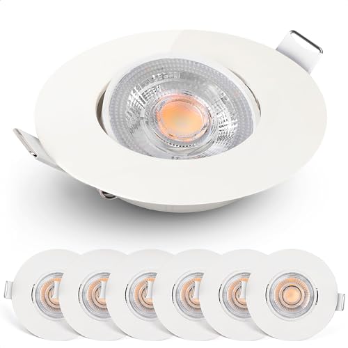 EMOS LED Einbaustrahler 230V Dimmbar, 4,9W / 480lm, 50° Schwenkbar, Warmweiß 2700K | Set mit 6 Stück LED Spots 230V Ultraflach, Rund | Deckenspots Dim