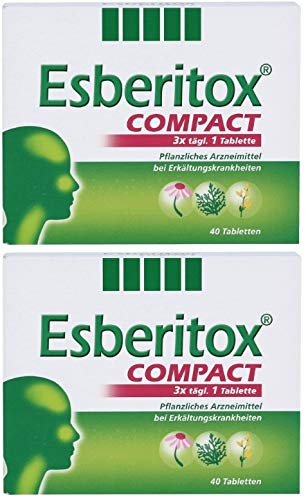 Esberitox Compact 2x 40 Tab, auch to Go zum Kauen : Verkürzt die Erkältung, mit pflanzlich. Extrakten Färberhülsenwurzelstock,Pupursonnenhutwurzel, Lebensbaumspitzen +GRATIS Bambusschale