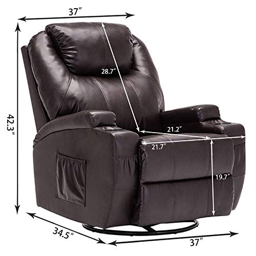 Windaze Manual Recliner Rocker Chair, 360 Degree Swivel Heated Recliner Bonded Leather Sofa Chair with Motors Massage,Brown