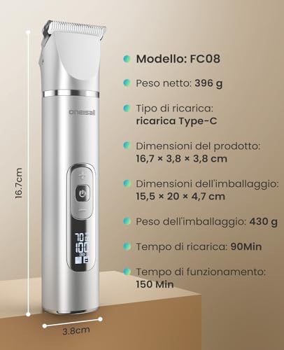 oneisall 4 in 1 Silent Dog Cat Clipper, Waterproof IPX7 Dog Shaver, Professional Cat Shaver, Trimmer and Sharpener for Body, Paws, Eyes, Ears, Face (White)