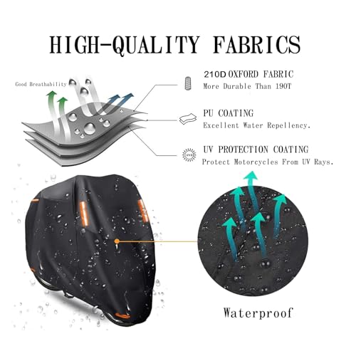 EASYBUYTECH Motorcycle Cover,Motorbike Cover All Season Universal Weather Waterproof Outdoor UV Protection with 4 Reflective Strips & Storage Bag,2XL Motorcycles Vehicle Cover, BLACK